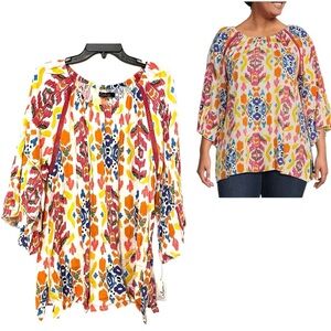 NEW Calessa Womens Plus Size 2X Abstract Ikat Print 3/4 Tiered Sleeve Tunic Top